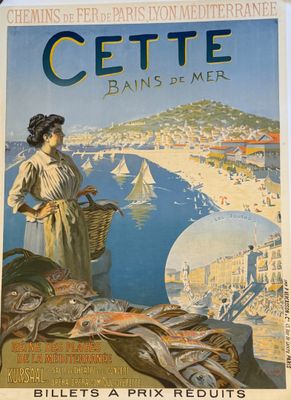 une vieille affiche représentant une femme sur la plage avec un panier de poissons