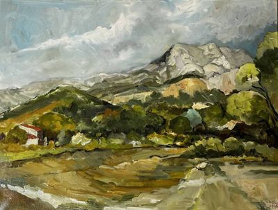 un tableau représentant un paysage avec une montagne en arrière-plan