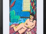 tableau représentant une femme nue assise sur un lit, avec un oiseau en arrière-plan