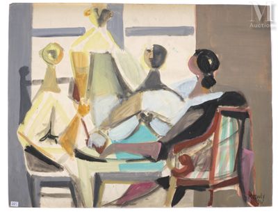 une peinture représentant une femme assise sur une chaise devant une fenêtre