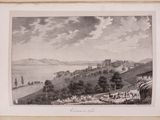an old drawing of a view of a town and a lake