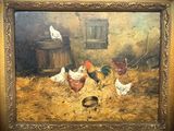 a painting of chickens and chickens in a barn