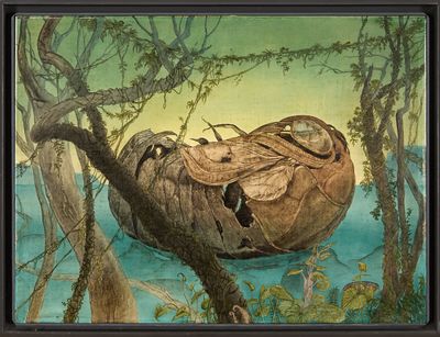 tableau encadré représentant un nid d'oiseau sur une branche d'arbre