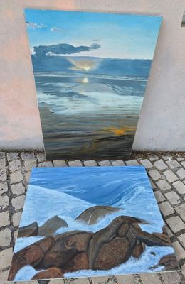 tableau représentant une scène de plage, avec une peinture représentant une mouette et une peinture représentant un coucher de soleil