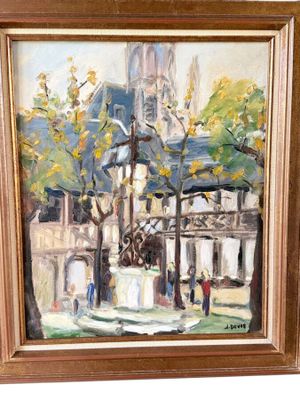 une peinture à l'huile représentant une fontaine devant un bâtiment