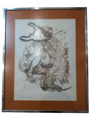 tableau représentant un homme à cheval avec un oiseau sur le dos