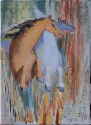 painting of two horses running in a field of tall grass