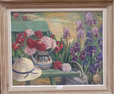 a painting of flowers and a watering can on a bench