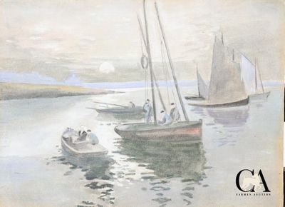 une peinture représentant des voiliers sur l'eau, avec le ciel en arrière-plan
