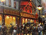 painting of a street scene with a windmill and horse drawn carriages