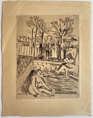 un vieux dessin représentant une femme assise sur un banc à côté d'un homme