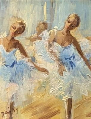 painting of three ballerinas in blue tutuss in a dance studio