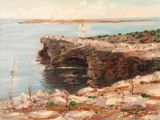 une peinture à l'huile représentant un rivage rocheux avec un voilier au loin