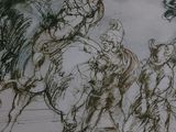 drawing of a group of people riding horses in a line