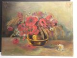 a painting of flowers in a gold vase on a table