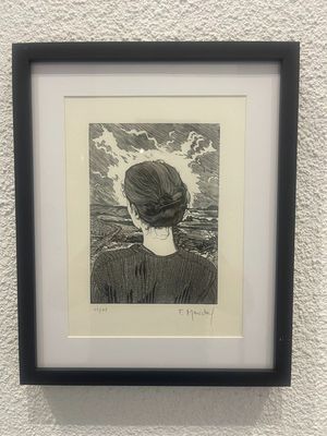drawing of a woman ' s profile in a black frame against a white wall