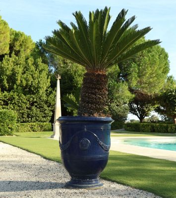 a large blue pot with a palm tree in it on a gravel path