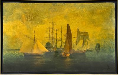 painting of sailboats in a harbor with a yellow sky in the background