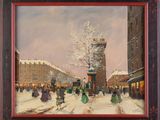 painting of a street scene with a clock tower in the background