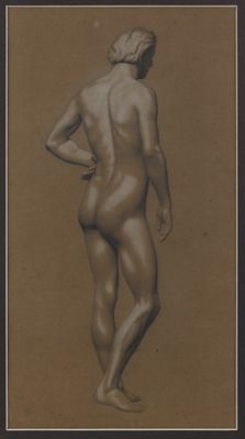 une image représentant le dessin d'un homme nu debout devant un fond marron