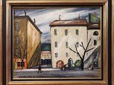 peinture représentant une scène de rue avec des bâtiments et une voiture