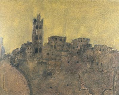 a painting of a city with a clock tower on top of it