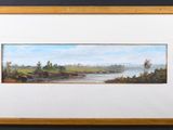 une peinture à l'huile représentant un paysage avec une rivière au premier plan