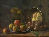 un tableau représentant des pommes et des oignons posés sur une table