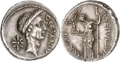 a silver coin with an image of a woman and a man on it