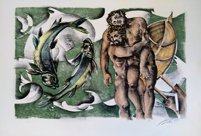 un tableau représentant un homme debout à côté d'un poisson