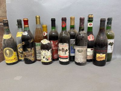 des bouteilles de vin sont alignées sur une table devant un mur