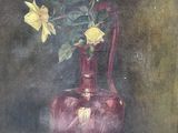 a painting of yellow roses in a red vase on a table