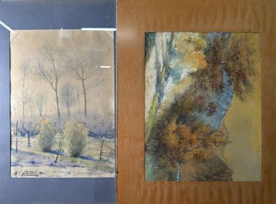 two paintings of trees and bushes are displayed in a wooden frame