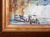 a painting of a man sitting on a bench by the water