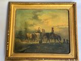 tableau représentant un groupe d'hommes à cheval sur un chemin de terre
