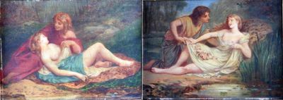 trois photos d'un tableau représentant une femme et un homme assis l'un à côté de l'autre