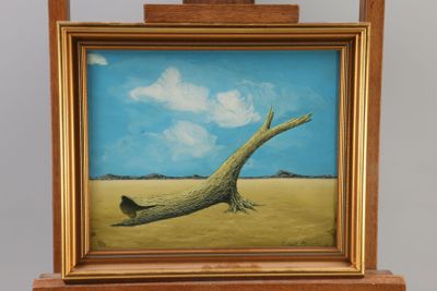 une peinture à l'huile représentant un arbre mort dans un champ, avec un ciel bleu en arrière-plan