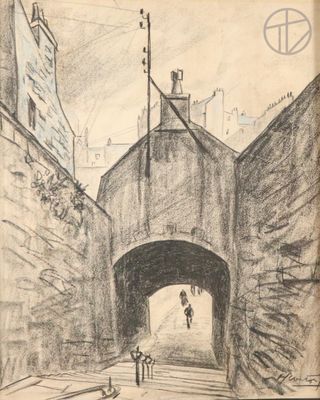 drawing of a drawing of a man walking down a street under a bridge