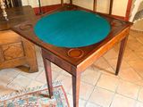 a wooden table with a blue cloth on it