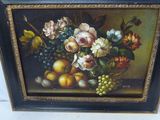 une photo d'un tableau représentant des fleurs et des fruits posés sur une table