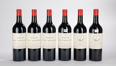 six bouteilles de vin rouge sont alignées