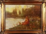 an oil painting of a woman sitting on the bank of a river