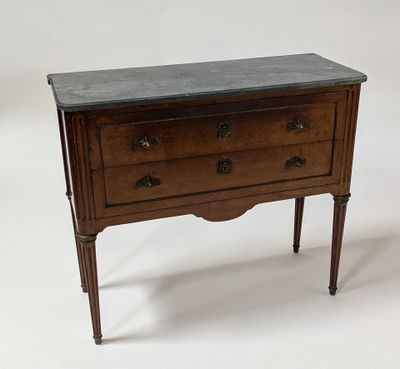 a small wooden table with a marble top on it