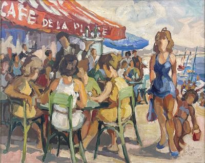 tableaux représentant des personnes assises à des tables sur une plage, sous des parasols