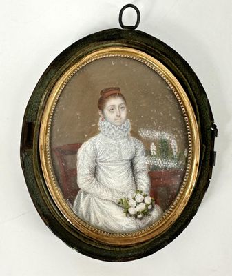 tableau représentant une femme en robe blanche tenant un vase de fleurs