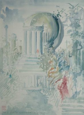 une aquarelle représentant une femme marchant dans la rue