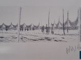 pencil drawing of a line of people walking through a field