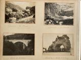 four different pictures of people riding horses on a mountain