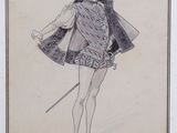 an old drawing of a man in a costume with a sword
