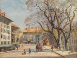 tableau représentant une scène de rue avec une calèche au milieu de la rue